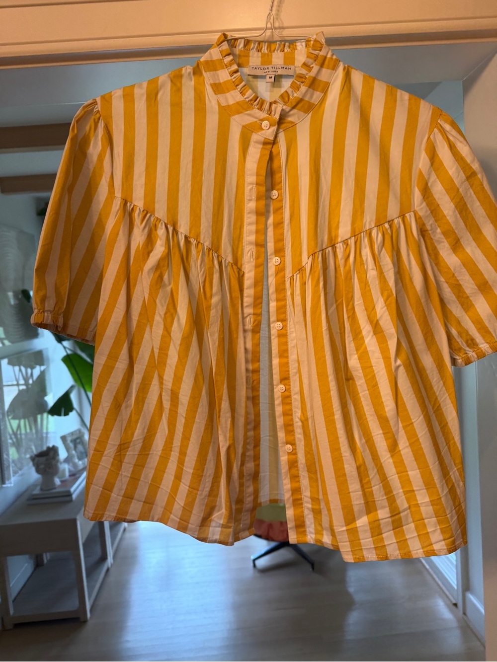 Yellow Striped Short-Sleeve Button Front Blouse